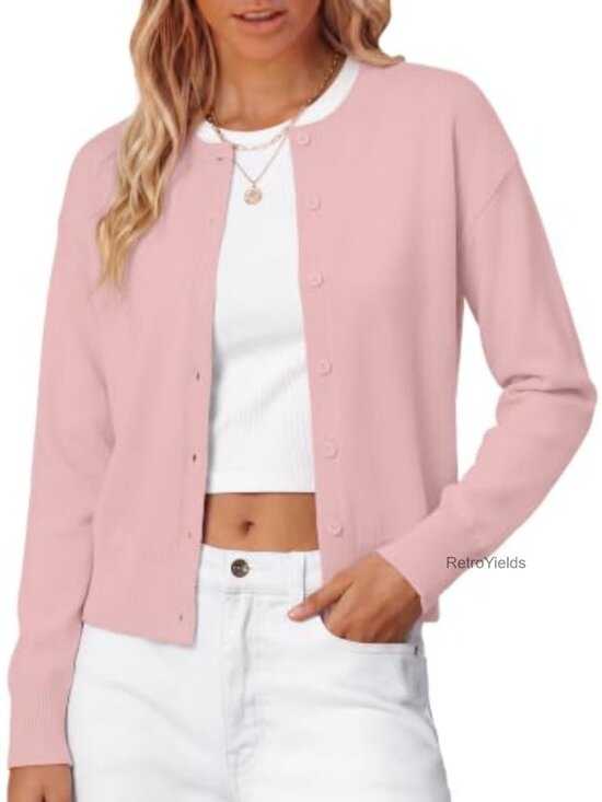Sweaters - Wool Blend Cropped Cardigan Lightweight Knit Button Sweater